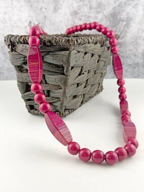 Vibrant Magenta Pink Wood Bead Necklace - 29” Long - Boho Statement